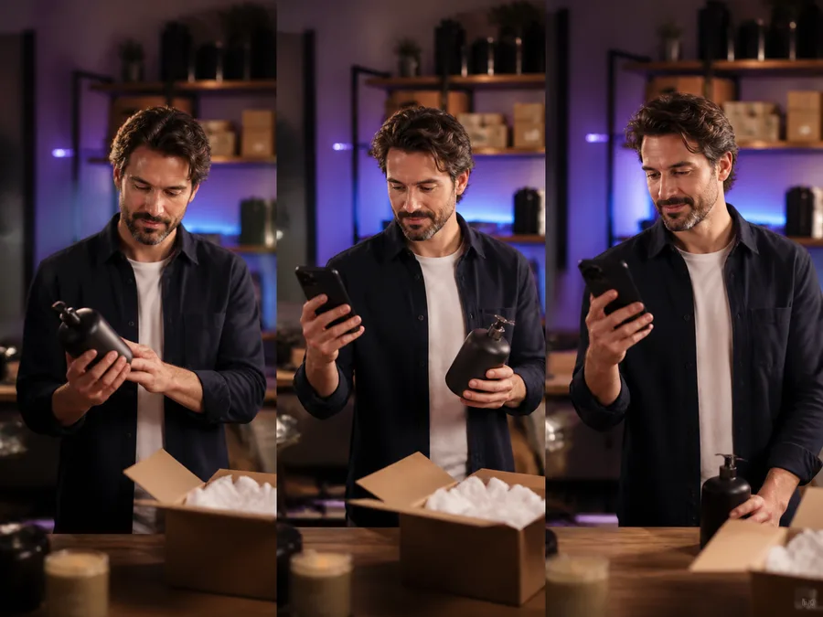 Dueño de negocio revisando una muestra visual antes de decidir